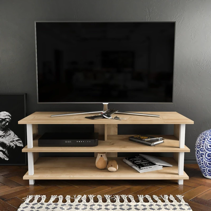 Hanah Home Scandinavian TV Stand, White & Oak, 120 x 44.6 x 47.4 cm, 100% Melamine Coated Particle Board, 18 mm Thick, Stylish & Functional for Modern Living Rooms - Image 1