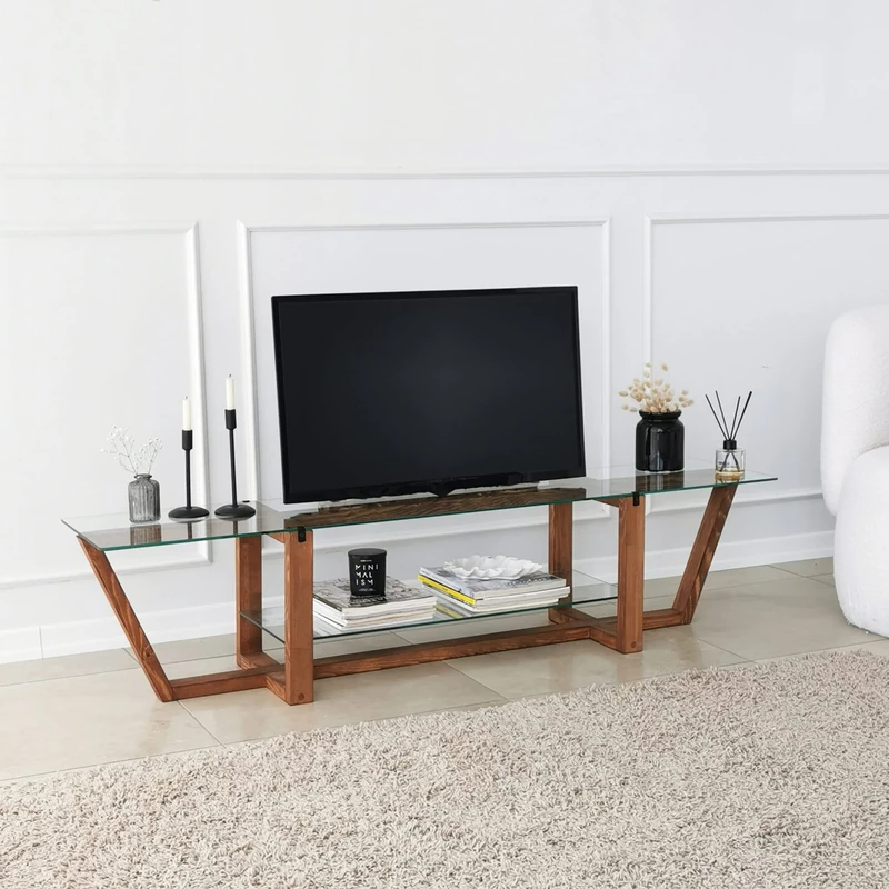 Hanah Home Modern TV Stand, Walnut Colour, 158 cm x 35 cm x 35 cm, 100% Tempered Glass & 100% Pine Solid Wood, Rustic Scandinavian Design, Stylish & Durable