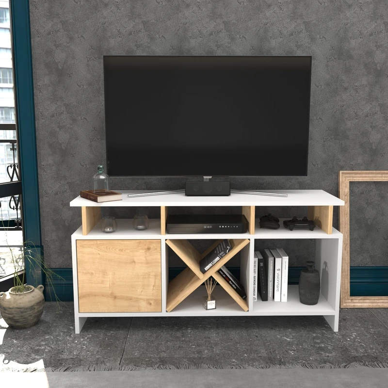 Hanah Home Stylish TV Stand, White & Oak, 120 cm x 29.9 cm x 60.6 cm, 100% Melamine Coated Particle Board, 18 mm Thick, Modern Design for Living Room & Entertainment Spaces - Image 1