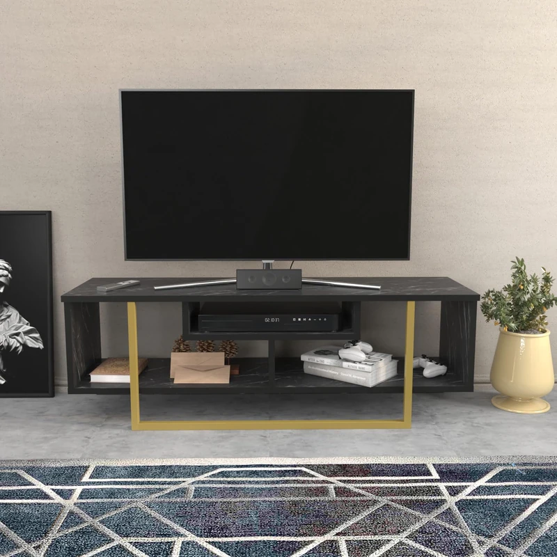 Hanah Home Stylish TV Stand, Black & Gold, 120 x 35.2 x 40.2 cm, 100% Melamine Coated Particle Board, 18 mm Thick, Modern Design for Living Room & Entertainment Spaces - Image 1