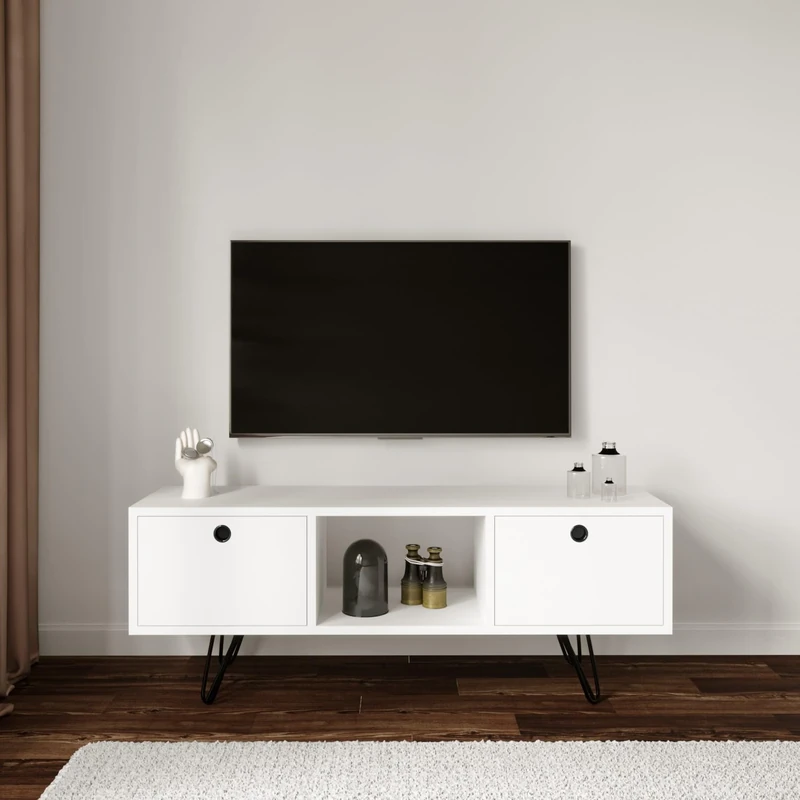 Hanah Home Modern White TV Stand, 120 cm x 50 cm x 35 cm, 100% Melamine Coated Particle Board, 18 mm Thick, Stylish Design with Numerous Shelves & Extra Storage
