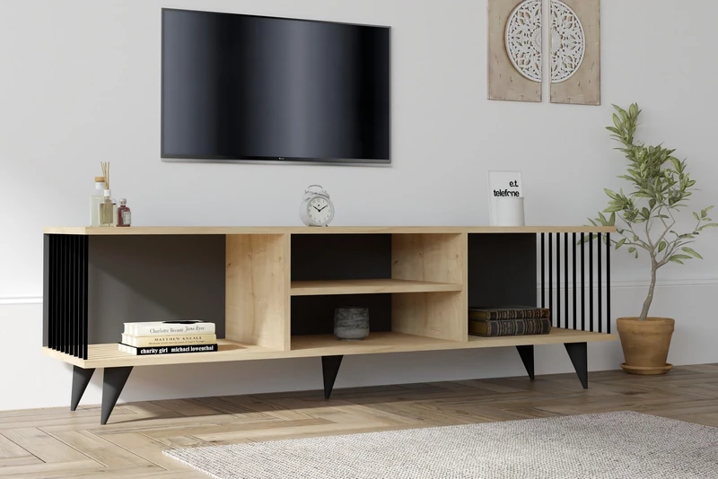 Sapphire TV Stand, 160 cm Wide, 48.6 cm High, 40 cm Deep | 100% Melamine Coated Particle Board, 18 mm Thick | Stylish Design with Numerous Shelves
