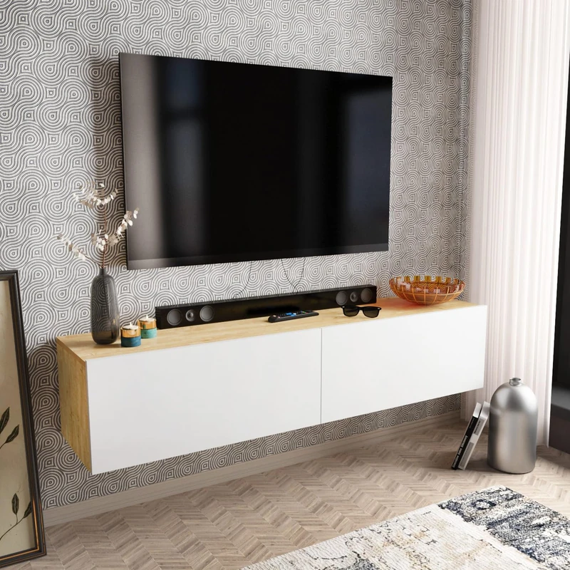 Hanah Home Scandinavian TV Stand, White & Sapphire, 159.7 x 36.8 x 34.1 cm, 100% Melamine Coated Particle Board, 18 mm Thick, Stylish & Functional Design for Modern Living Rooms