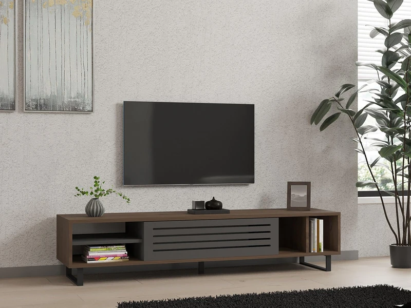 Hanah Home Industrial TV Stand, Walnut & Anthracite, 160 x 35 x 40 cm, 100% Melamine Coated Particle Board, 18 mm Thick, Stylish & Durable for Modern Living Rooms - Image 1