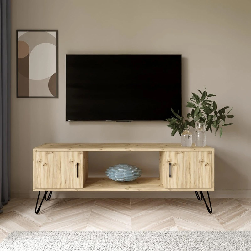 Modern Oak TV Stand, 150 cm Wide, 60 cm High, 40 cm Deep | 100% Melamine Coated Particle Board, 18 mm Thick | Stylish Design with Multiple Shelves & Storage - Image 1