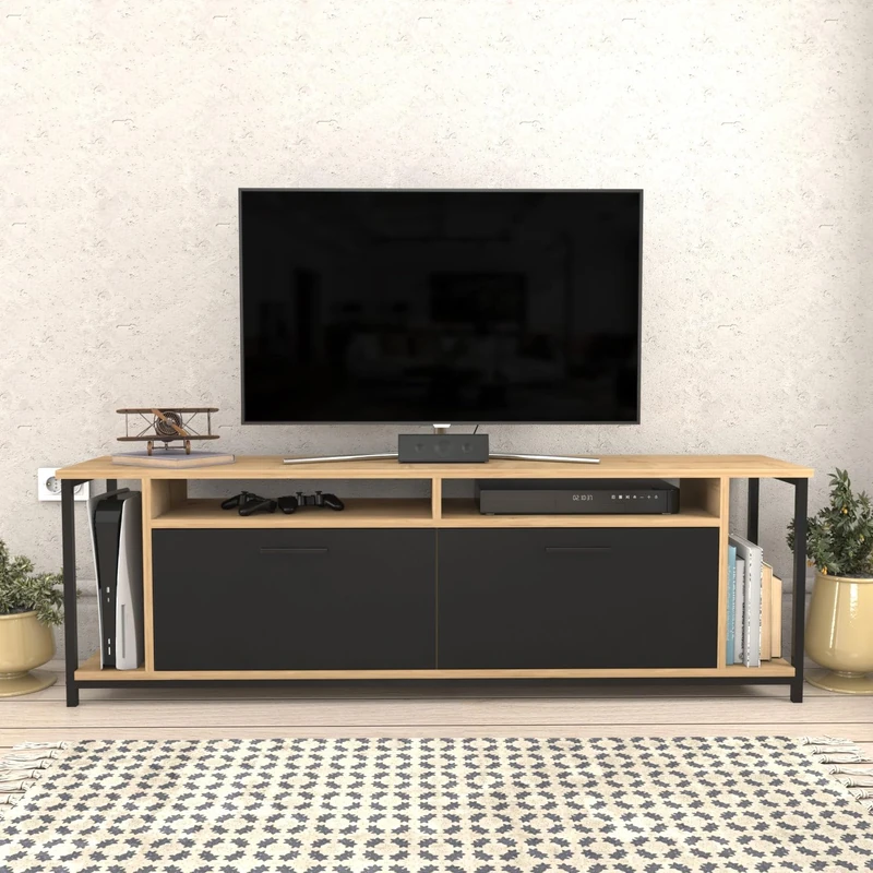 Hanah Home Industrial TV Stand, Oak & Black, 160 cm x 35 cm x 50.8 cm, 100% Melamine Coated Particle Board, 18 mm Thick, Stylish & Durable for Modern Living Rooms