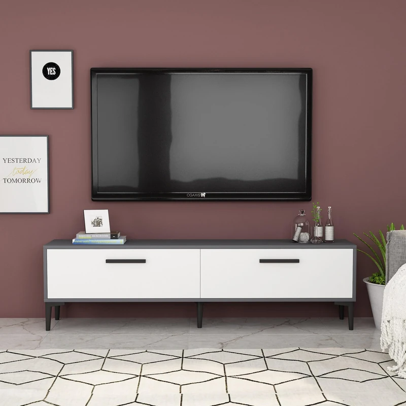 Hanah Home Modern TV Stand, Anthracite & White, 150 cm, 100% Melamine Coated Particle Board, 18 mm Thick, Wall-Mountable, Stylish & Functional Design
