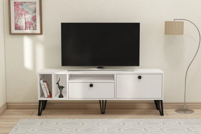 Modern White TV Stand, 150 cm Wide, 53 cm High, 35 cm Deep | 100% Melamine Coated Particle Board, 18 mm Thick | Stylish & Functional Design for Living Rooms - Image 1