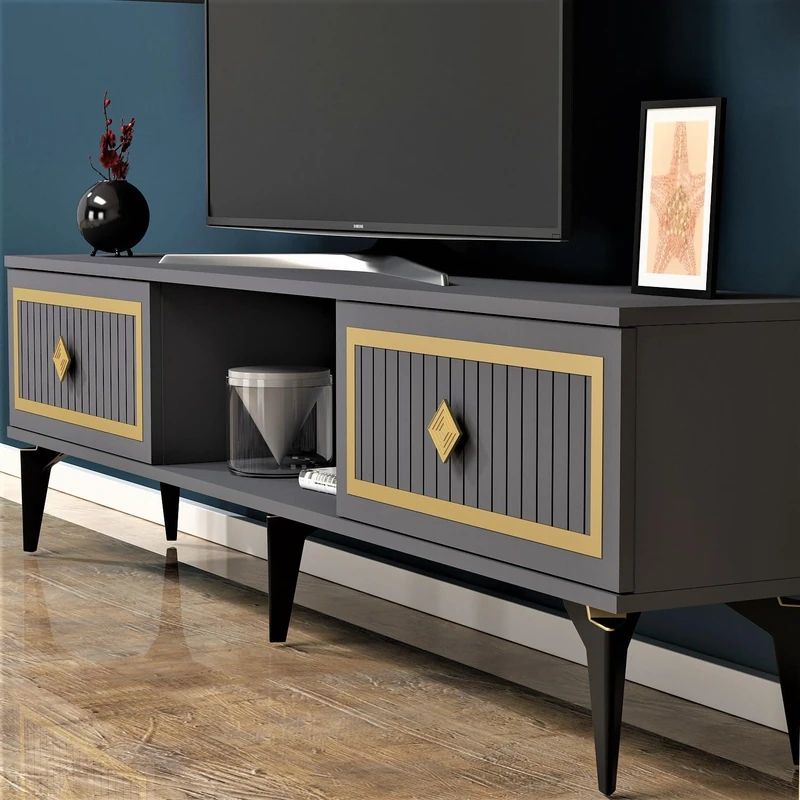 Hanah Home Stylish TV Stand, Anthracite & Gold, 150 cm x 44.6 cm x 29.6 cm, 100% Melamine Coated Particle Board, 18 mm Thick, Modern Design for Living Room