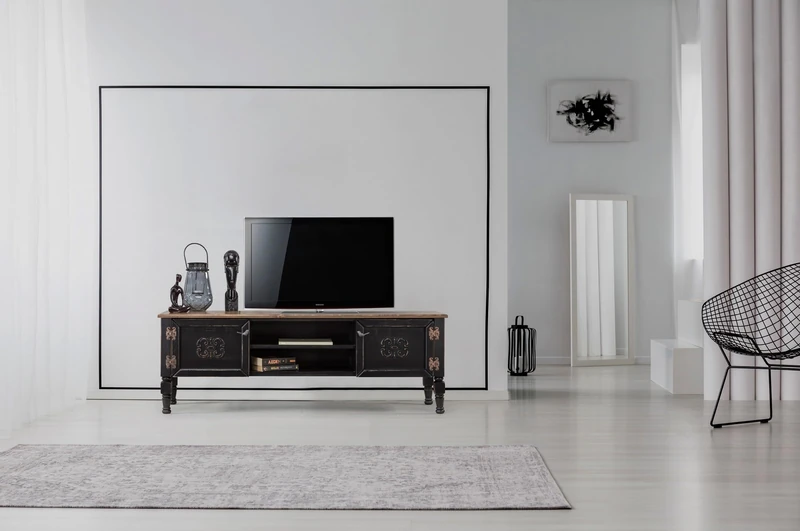 Hanah Home Stylish Black TV Unit, 150 cm Wide, 100% MDF with Spruce Top & Hornbeam Legs, 10 mm Thickness, Perfect for Modern Living Rooms & Entertainment Spaces