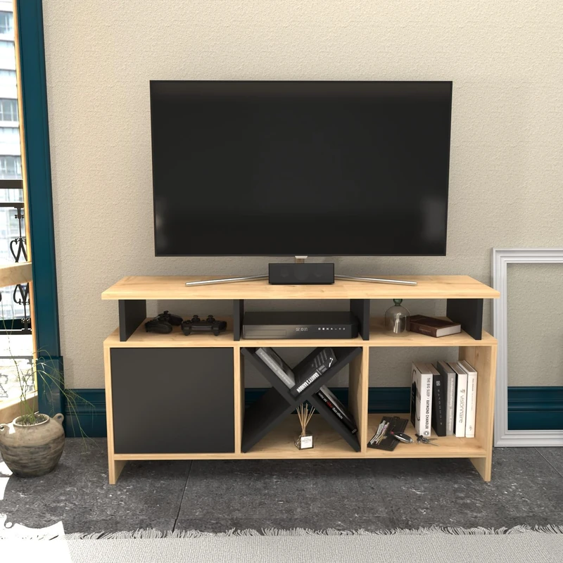 Hanah Home Stylish TV Stand, Oak & Anthracite, 120 x 29.9 x 60.6 cm, 100% Melamine Coated Particle Board, 18 mm Thick, Modern Design for Living Room & Entertainment Spaces - Image 1