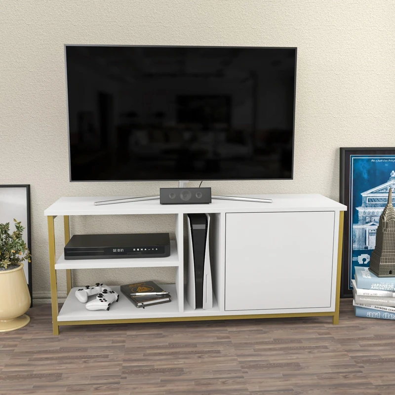 Hanah Home Glamorous TV Stand, Gold & White, 120 x 35.3 x 50.8 cm, 100% Melamine Coated Particle Board, 18 mm Thick, Stylish & Functional for Modern Living Rooms