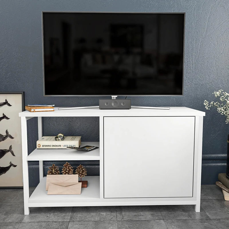 Hanah Home Scandinavian TV Stand, White, 89.6 x 35.3 x 50.8 cm, 100% Melamine Coated Particle Board & Metal Frame, 18 mm Thick, Stylish & Functional Design for Modern Living Rooms
