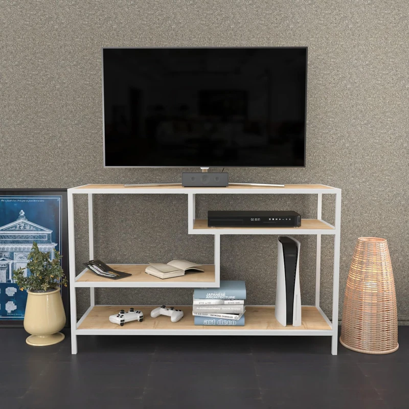 Hanah Home Scandinavian TV Stand, White & Oak, 120 x 39 x 75 cm, 100% Melamine Coated Particle Board, 18 mm Thick, Sturdy Metal Frame, Stylish & Functional Design