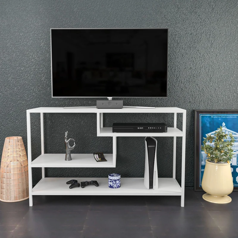 Hanah Home Scandinavian TV Stand, White, 120 x 39 x 75 cm, 100% Melamine Coated Particle Board, 18 mm Thick, Sturdy Metal Frame, Stylish & Functional Design