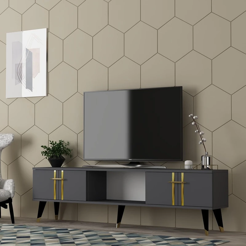 Hanah Home Stylish TV Stand, Anthracite & Gold, 150 cm x 44.6 cm x 29.6 cm, 100% Melamine Coated Particle Board, 18 mm Thick, Modern Design for Living Room - Image 1