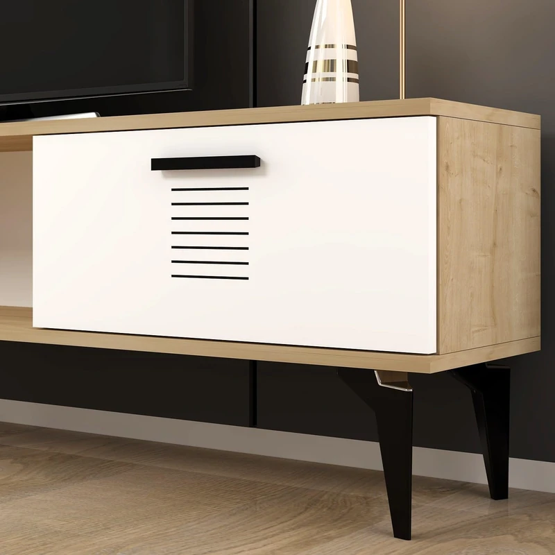 Hanah Home Stylish TV Stand, Sapphire Oak & White, 150 cm x 44.6 cm x 29.6 cm, 100% Melamine Coated Particle Board, 18 mm Thick, Modern Design for Living Room - Image 1