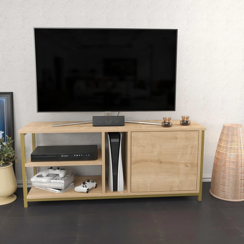 Hanah Home Glamorous TV Stand, Gold & Oak, 120 x 35.3 x 50.8 cm, 100% Melamine Coated Particle Board, 18 mm Thick, Stylish & Functional for Modern Living Rooms - Image 1