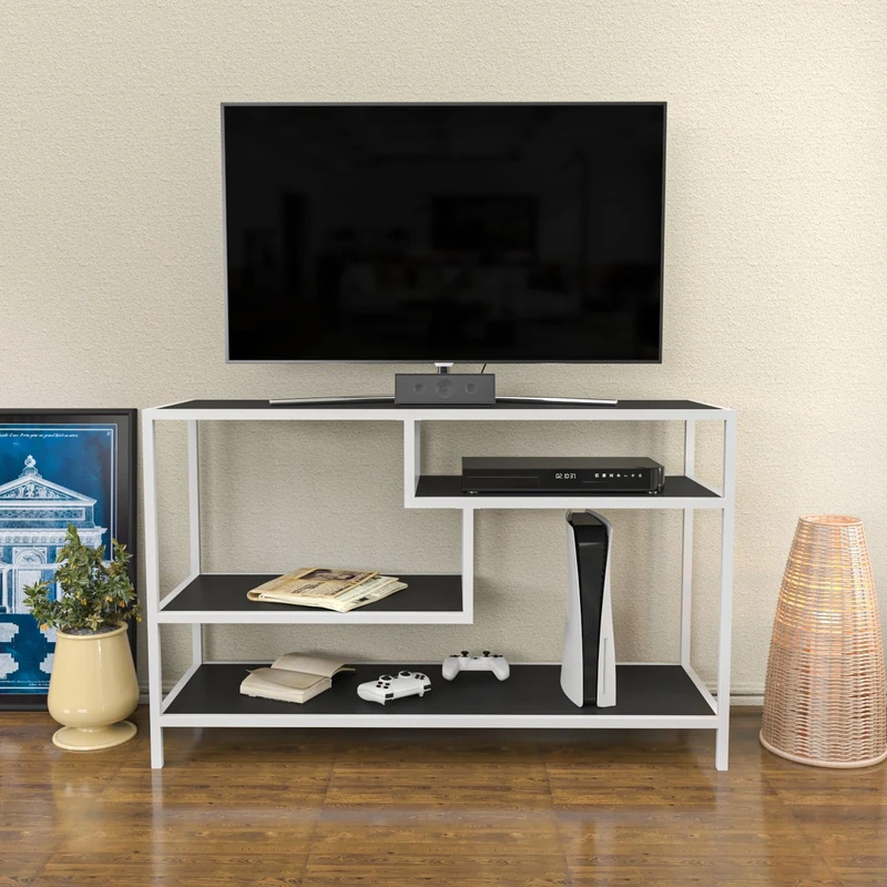 Hanah Home Scandinavian TV Stand, 120 cm, White & Anthracite, 100% Melamine Coated Particle Board, 18 mm Thick, Sturdy Metal Frame, Stylish & Functional Design