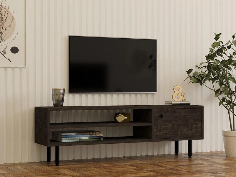 Hanah Home Modern Anthracite TV Unit, 120 cm, 100% Melamine Coated Particle Board, 18 mm Thick, Wall Mountable, Multiple Shelves, Stylish Industrial Design