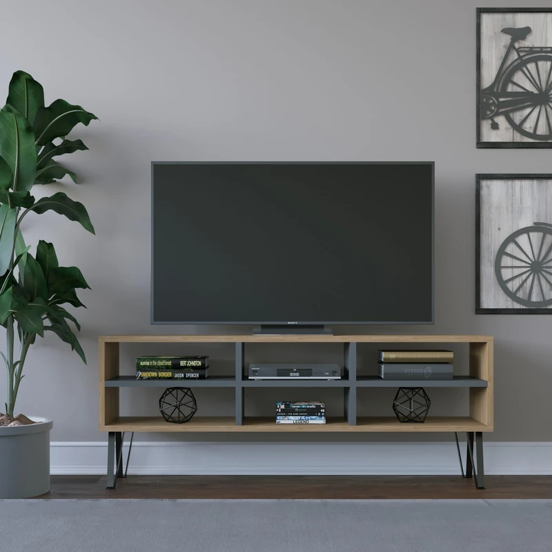Hanah Home Stylish TV Stand with Wall-Mount Option, Oak & Anthracite, 120 x 25 x 46.6 cm, 100% Melamine Coated Particle Board, 18 mm Thick, Multiple Shelves for Modern Living Rooms - Image 1