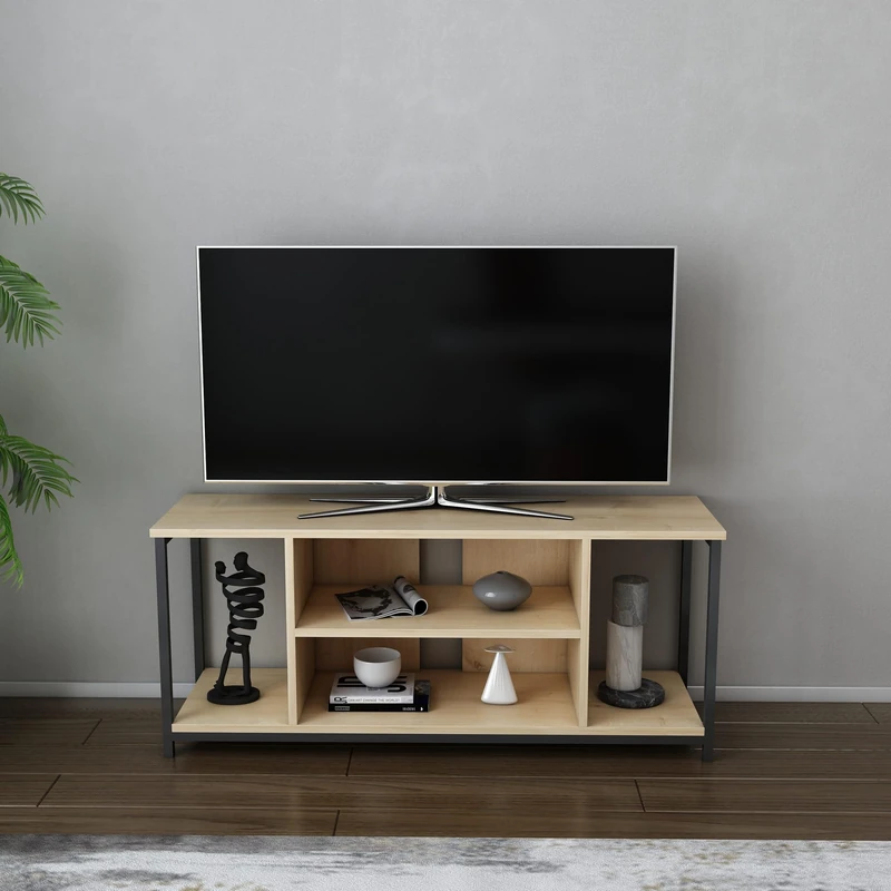 Hanah Home Industrial TV Stand, Black & Oak, 120 x 35 x 50.8 cm, 100% Melamine Coated Particle Board, 18 mm Thick, Sturdy Metal Frame, Stylish & Functional Design - Image 1