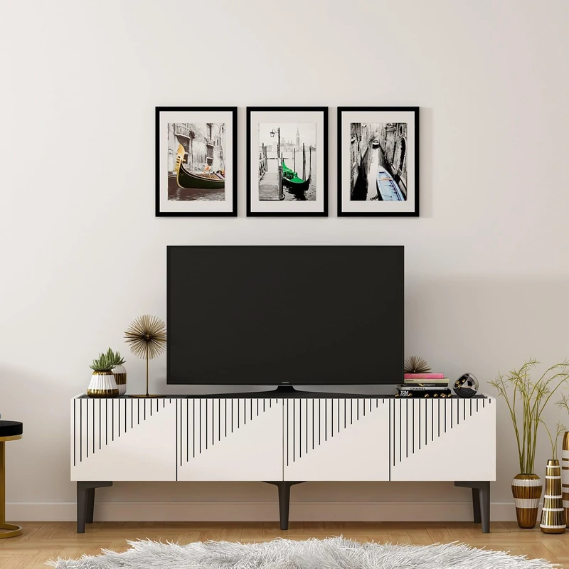 Hanah Home Stylish TV Stand, White & Black, 154 x 45 x 37 cm, 100% Melamine Coated Particle Board, 18 mm Thick, Modern Design for Living Room & Entertainment Spaces - Image 1