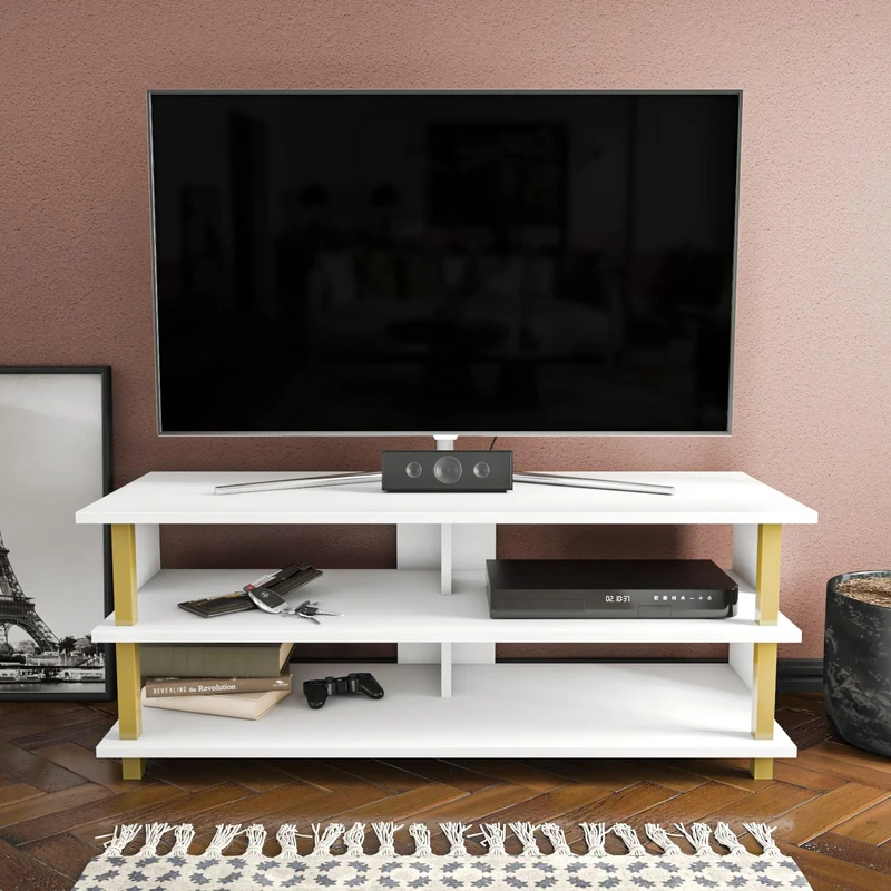 Hanah Home Glamorous TV Stand, Gold & White, 120 x 44.6 x 47.4 cm, 100% Melamine Coated Particle Board, 18 mm Thick, Stylish & Functional for Modern Living Rooms