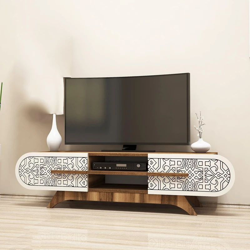 Hanah Home Stylish TV Unit, Walnut & Cream, 145 x 37 x 37 cm, 100% Melamine Coated Particle Board, 18 mm Thick, Perfect for Modern Living Rooms & Entertainment Spaces