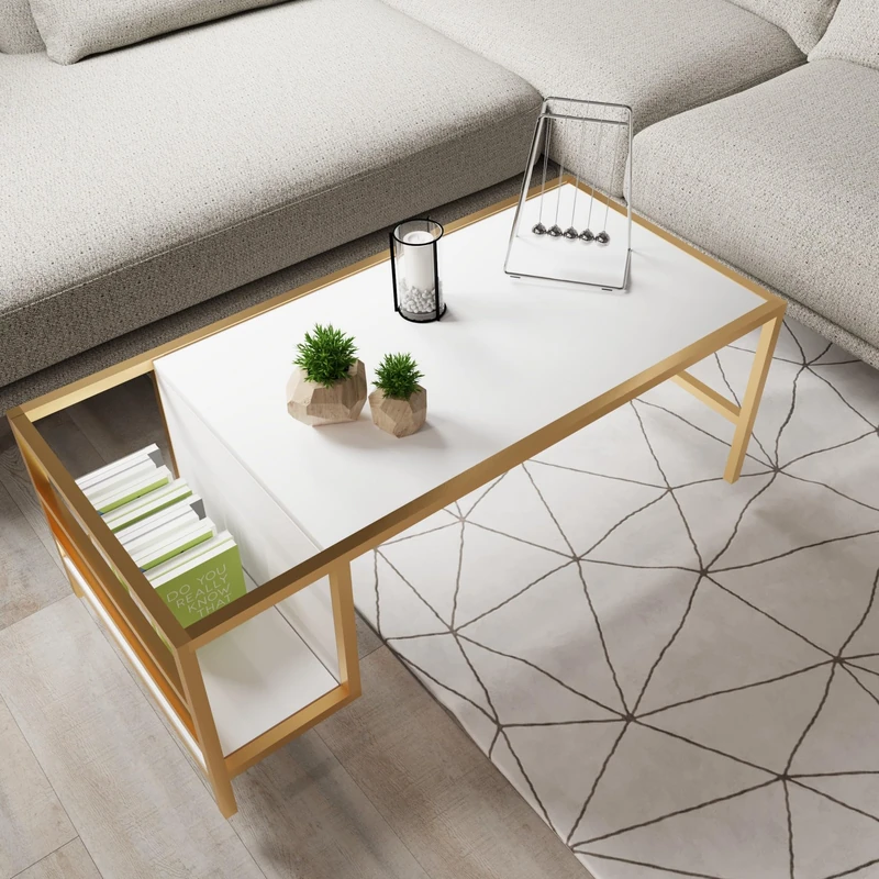 Hanah Home Elegant Coffee Table, White & Gold, 110 x 60 x 50 cm, 100% Melamine Coated Particle Board, 18 mm Thick, Durable Electrostatic Powder Coated Metal Legs - Image 1