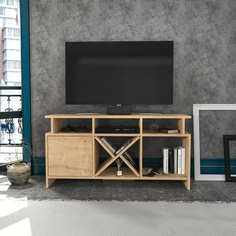 Hanah Home Stylish Oak TV Stand, 120 cm, 100% Melamine Coated Particle Board, 18 mm Thick, Perfect for Cabin/Lodge Decor, Functional & Elegant Design - Image 1
