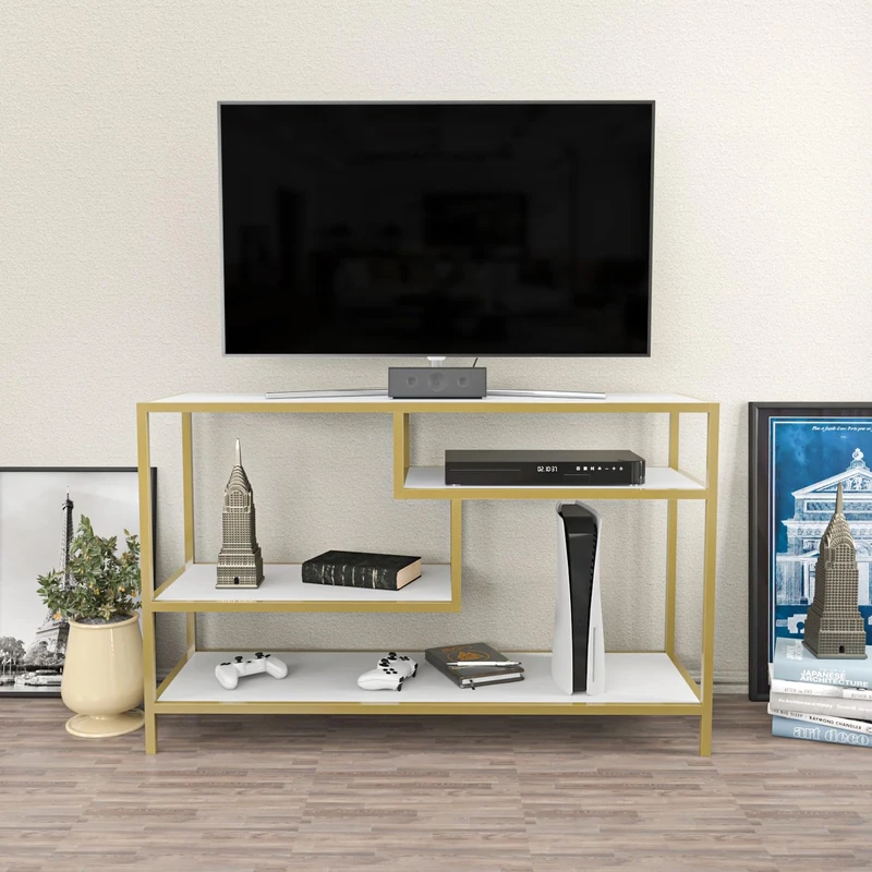 Hanah Home Glamorous TV Stand, Gold & White, 120 x 39 x 75 cm, 100% Melamine Coated Particle Board, 18 mm Thick, Sturdy Metal Frame, Stylish & Functional Design for Modern Living Rooms
