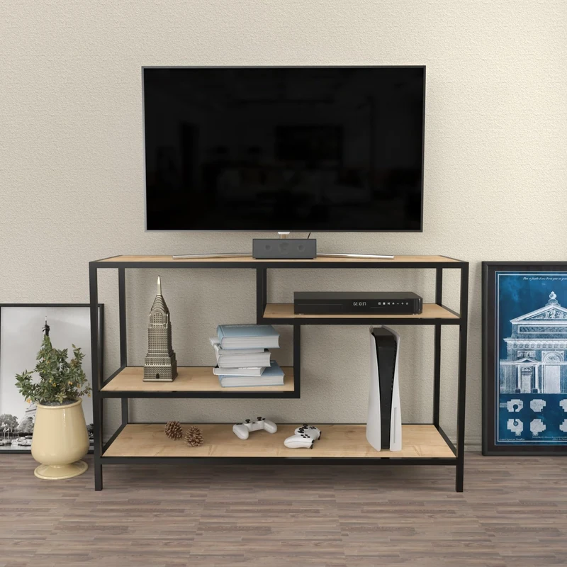 Hanah Home Industrial TV Stand, Oak & Black, 120 x 39 x 75 cm, 100% Melamine Coated Particle Board, 18 mm Thick, Sturdy Metal Frame, Stylish & Functional Design for Modern Living Rooms