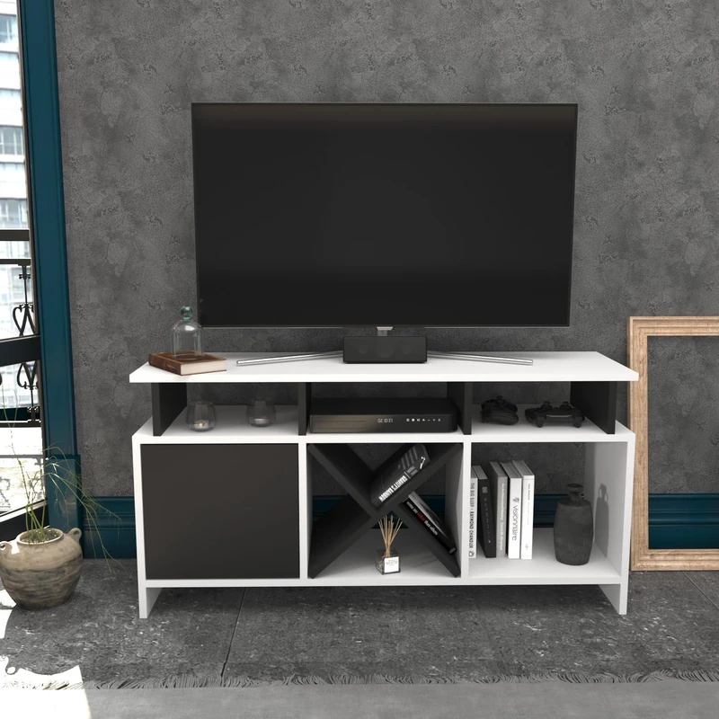 Hanah Home Stylish TV Stand, 120 cm, White & Anthracite, 100% Melamine Coated Particle Board, 18 mm Thick, Modern Design for Living Room & Entertainment Spaces - Image 1