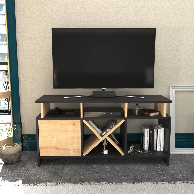 Hanah Home Stylish TV Stand, Anthracite & Oak, 120 x 29.9 x 60.6 cm, 100% Melamine Coated Particle Board, 18 mm Thick, Modern Design for Living Room & Entertainment - Image 1