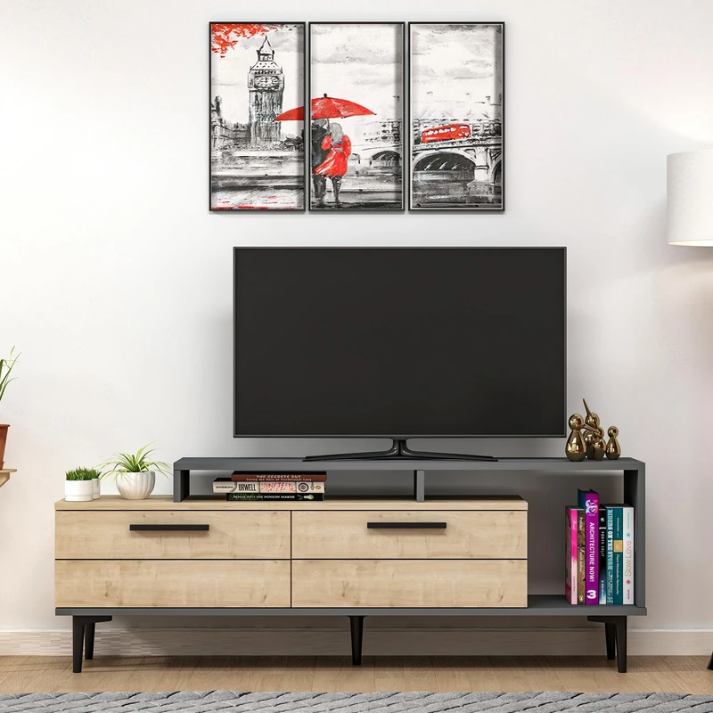 Hanah Home Modern TV Stand with 2 Drawers & Shelves, Sapphire Oak & Anthracite, 150 cm x 54 cm x 31.4 cm, 100% Melamine Coated, Stylish & Functional Storage Solution - Image 1