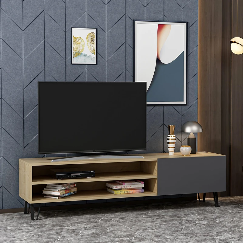 Hanah Home Stylish TV Stand with Wall-Mount Option, Oak & Anthracite, 160 cm x 37.4 cm x 47 cm, 100% Melamine Coated, 18 mm Thick, Ample Shelving for Modern Living - Image 1