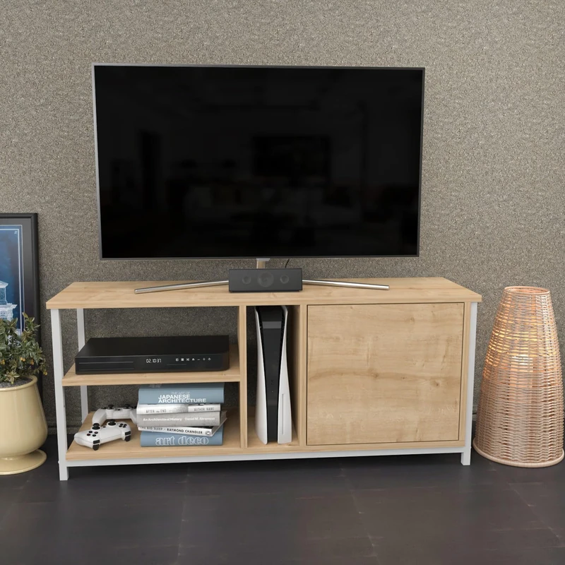 Hanah Home Scandinavian TV Stand, White & Oak, 120 x 35.3 x 50.8 cm, 100% Melamine Coated Particle Board, 18 mm Thick, Stylish & Functional for Modern Living Rooms - Image 1