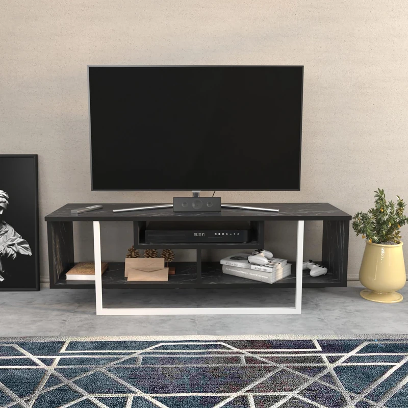 Hanah Home Stylish TV Stand, Black & White, 120 x 35.2 x 40.2 cm, 100% Melamine Coated Particle Board, 18 mm Thick, Modern Design for Living Room & Entertainment Spaces