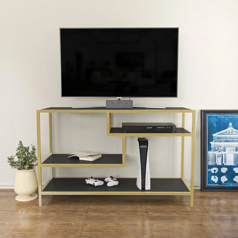 Hanah Home Glamorous TV Stand, 120 cm Wide, Gold & Anthracite, 100% Melamine Coated Particle Board, 18 mm Thick, Sturdy Metal Frame, Stylish & Functional Design for Modern Living Rooms