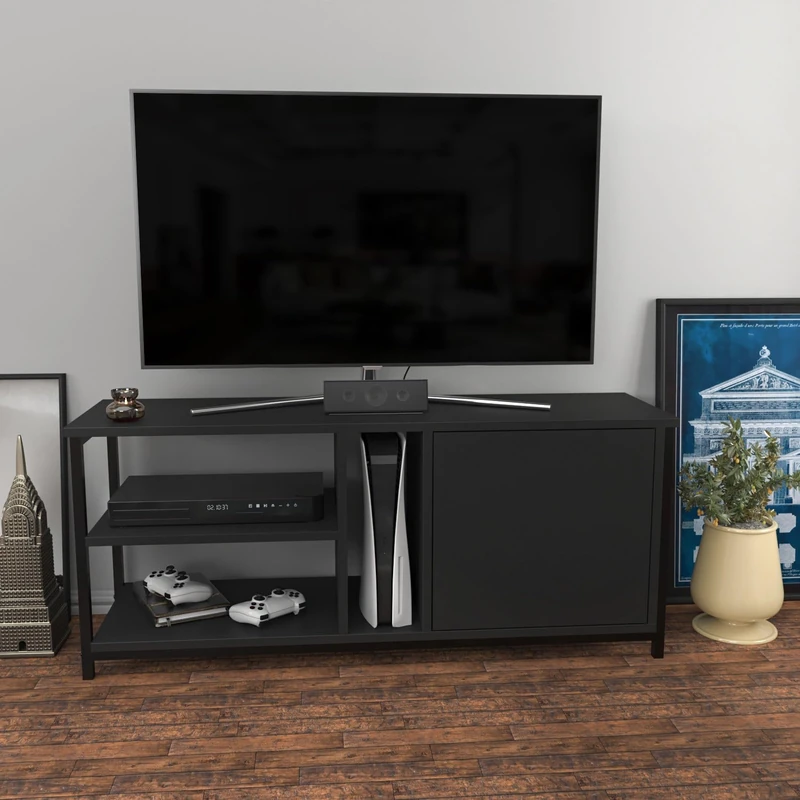 Hanah Home Industrial TV Stand, Black & Anthracite, 120 x 35.3 x 50.8 cm, 100% Melamine Coated Particle Board, 18 mm Thick, Stylish & Durable for Modern Living Rooms - Image 1