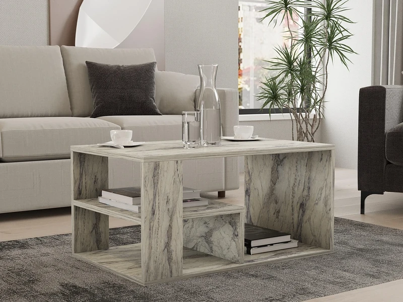 Hanah Home Elegant Freesia Marble Coffee Table, 80 x 50 x 40 cm, 100% Melamine Coated Particle Board, 18 mm Thick, Wall-Fixable with Additional Storage & Shelves