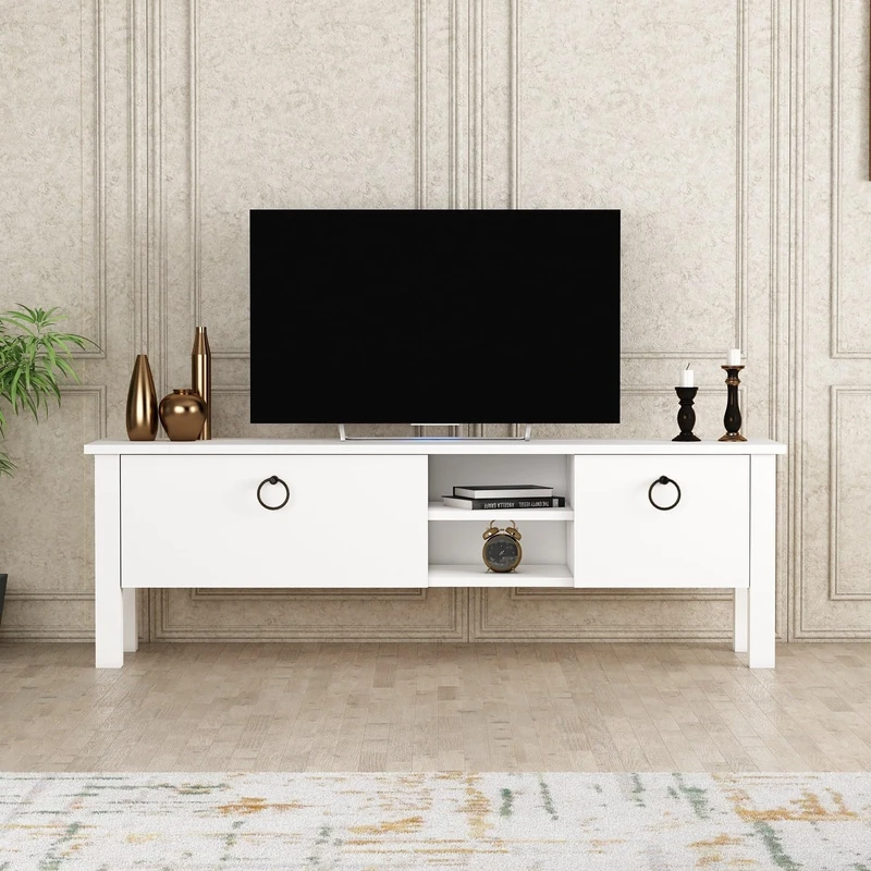 Hanah Home Stylish White TV Stand, 140 cm x 44.8 cm x 35 cm, 100% Melamine Coated Particle Board, Ample Storage & Shelves for Modern Living Rooms - Image 1