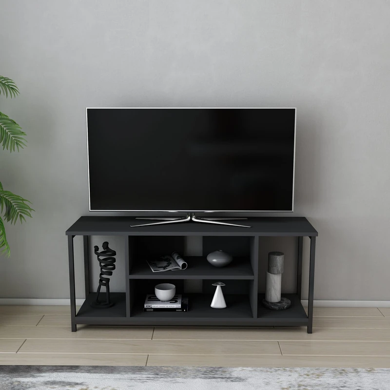 Hanah Home Industrial TV Stand, 120 cm, Black & Anthracite, 100% Melamine Coated Particle Board, 18 mm Thick, 100% Metal Frame, Stylish & Durable Design for Modern Living Rooms - Image 1