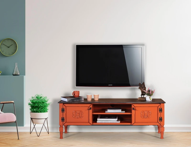 Stylish Orange TV Unit, 150 cm Wide, 40 cm High, 50 cm Deep | 100% MDF with Spruce Top & Hornbeam Legs | Modern Design for Living Room & Entertainment Spaces