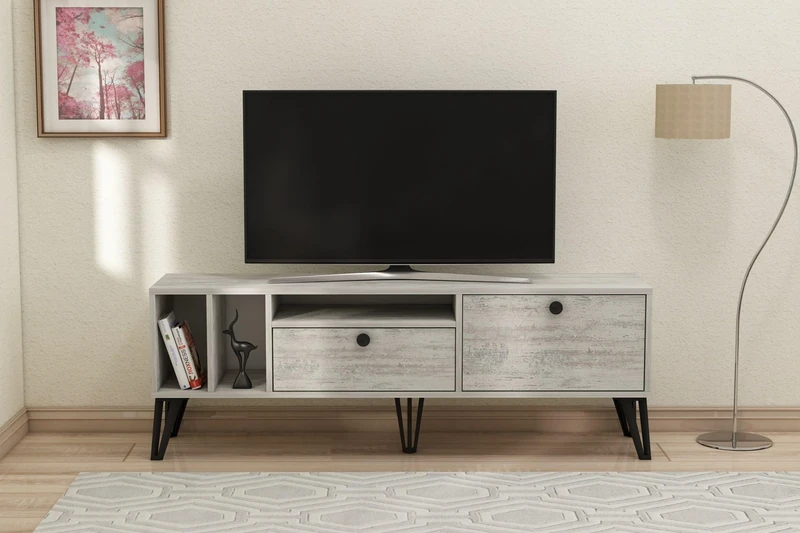Hanah Home Stylish TV Stand, Grey & White, 150 cm x 53 cm x 35 cm, 100% Melamine Coated Particle Board, 18 mm Thick, Modern Design for Living Room & Entertainment Spaces