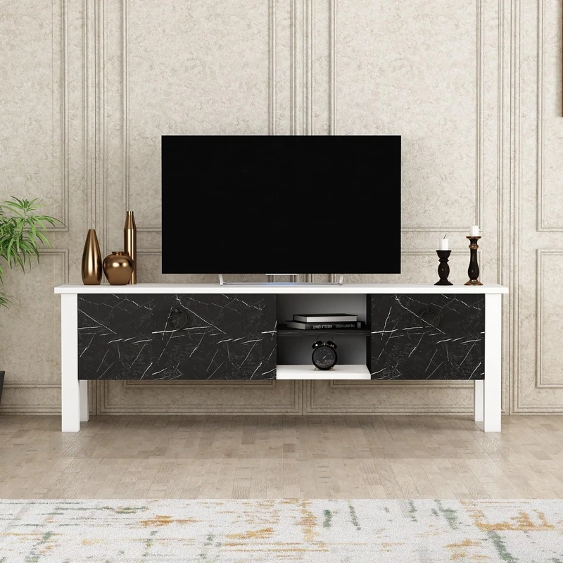 Hanah Home Stylish TV Stand with Additional Storage, White & Black, 140 x 44.8 x 35 cm, 100% Melamine Coated Particle Board, Multiple Shelves for Modern Living Rooms