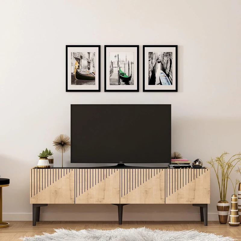 Modern TV Stand with Shelves, Sapphire Oak & Black Marble, 154 x 45 x 37 cm, 100% Melamine Coated Particle Board, 18 mm Thick, Stylish Storage for Home