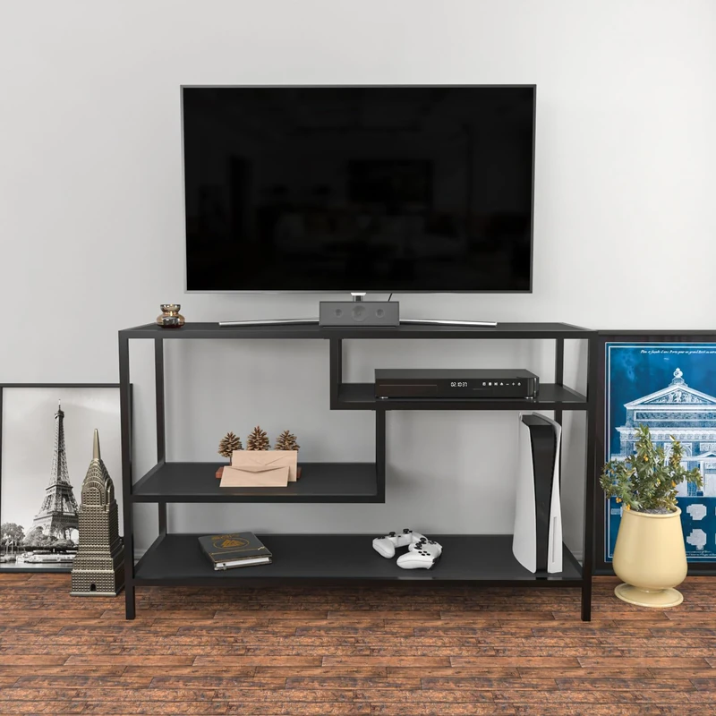 Hanah Home Industrial TV Stand, 120 cm, Anthracite & Black, 100% Melamine Coated Particle Board, 18 mm Thick, 100% Metal Frame, Stylish & Durable for Modern Living Rooms