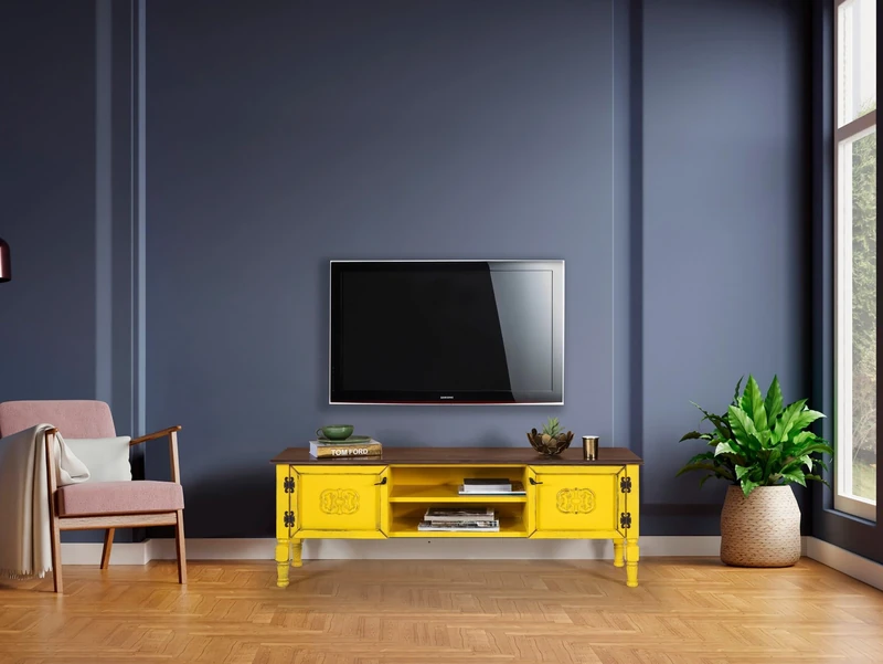 Stylish Yellow TV Unit, 150 cm Wide, 40 cm High, 50 cm Deep | 100% MDF with Spruce Top & Hornbeam Legs | Modern Design for Living Room & Entertainment Spaces